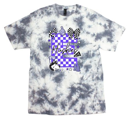 EPJ Huskies Cheer - E Checkerboard, a Grey Crystal Tie Dye Tee