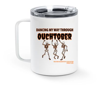 Dancing through Ouchtober Travel Mug, a White Stainless Steel Travel Mug (back-view)