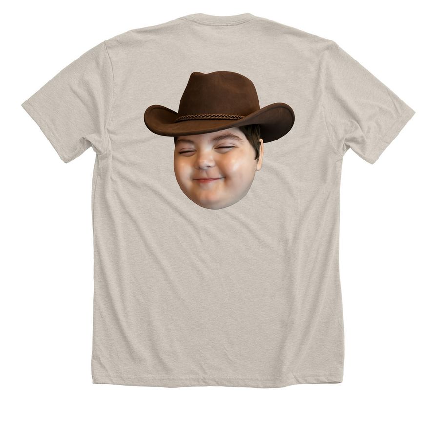 Light colored adult/youth with taupe writing., a Heather Dust Premium Unisex Tee (back-view)