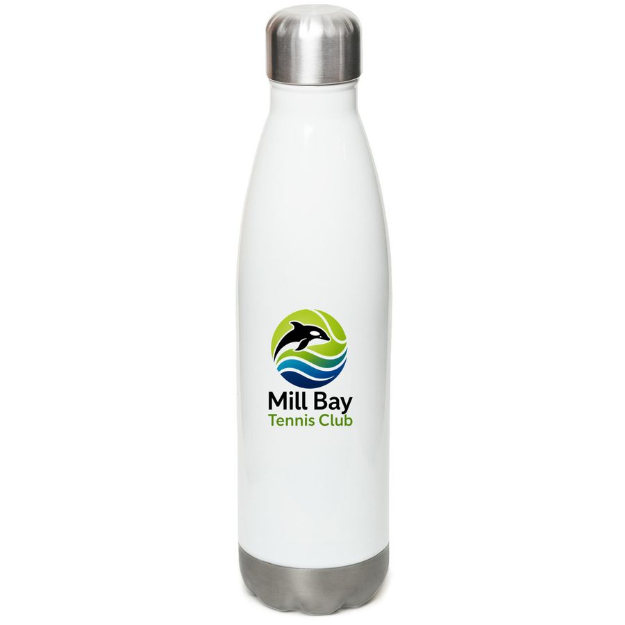 Mill Bay Tennis Club Stainless Water Bottle, a White Stainless Steel Water Bottle