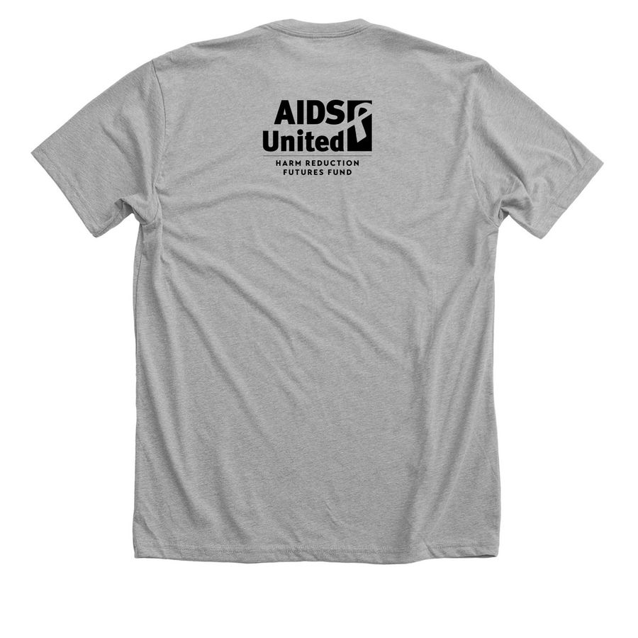 Harm Reduction Saves Lives&nbsp;, a Athletic Heather Premium Unisex Tee (back-view)