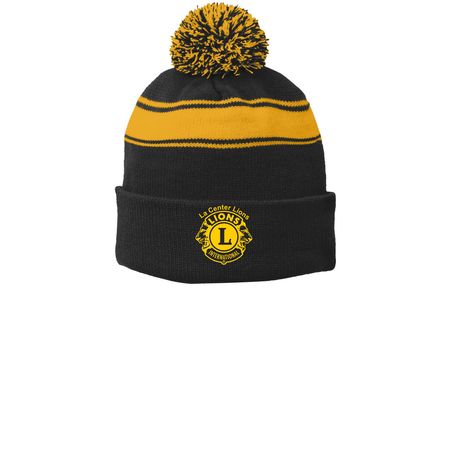 La Center Lions Beanies, a Black/ Gold Printed Stripe Pom-Pom Beanie