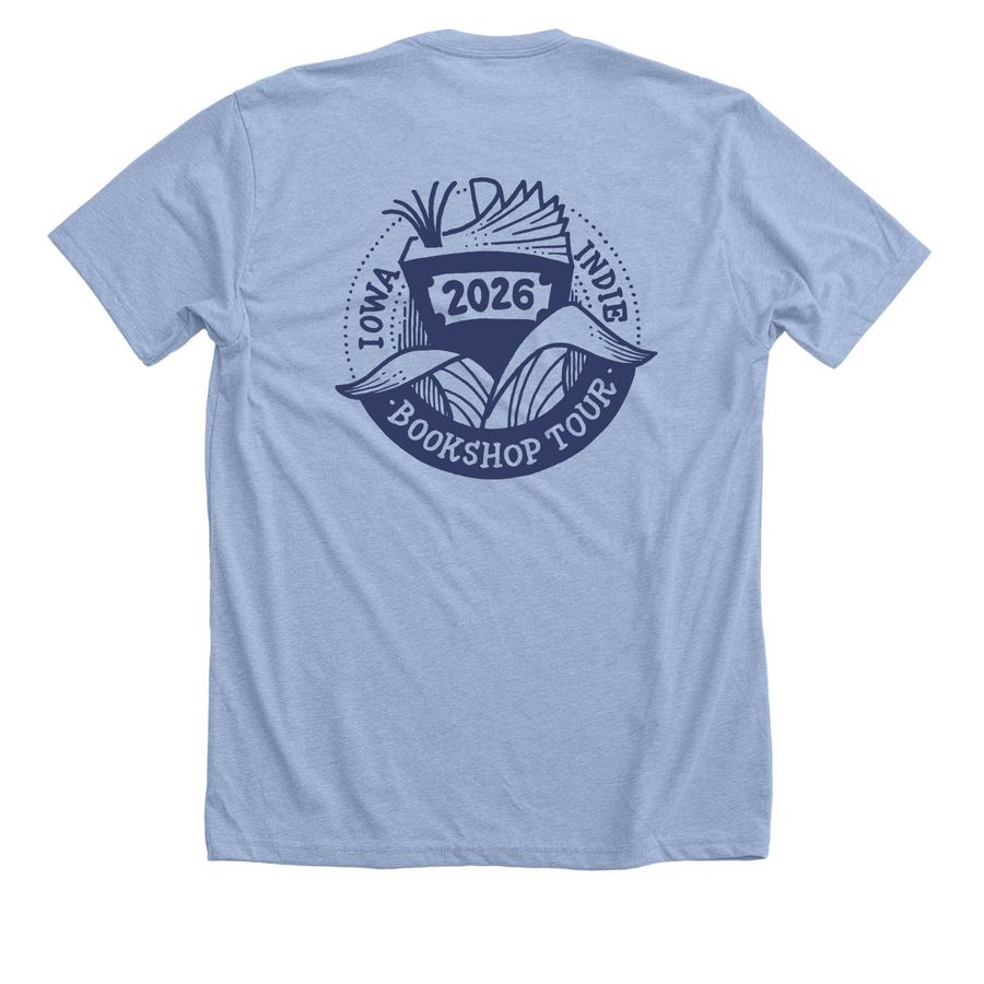 Iowa Indie Bookshop Tour '26 Bookshop Tourist, a Heather Baby Blue Premium Unisex Tee (back-view)