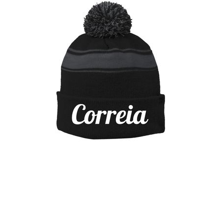 Correia&nbsp;, a Black/ Iron Grey Printed Stripe Pom-Pom Beanie