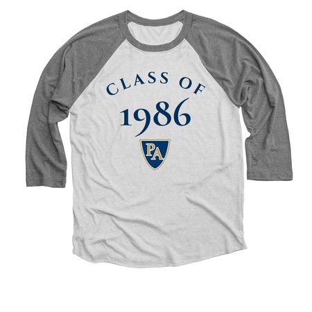 1986 CREST, a Premium Heather and Heather White 3/4 Sleeve Baseball Tee
