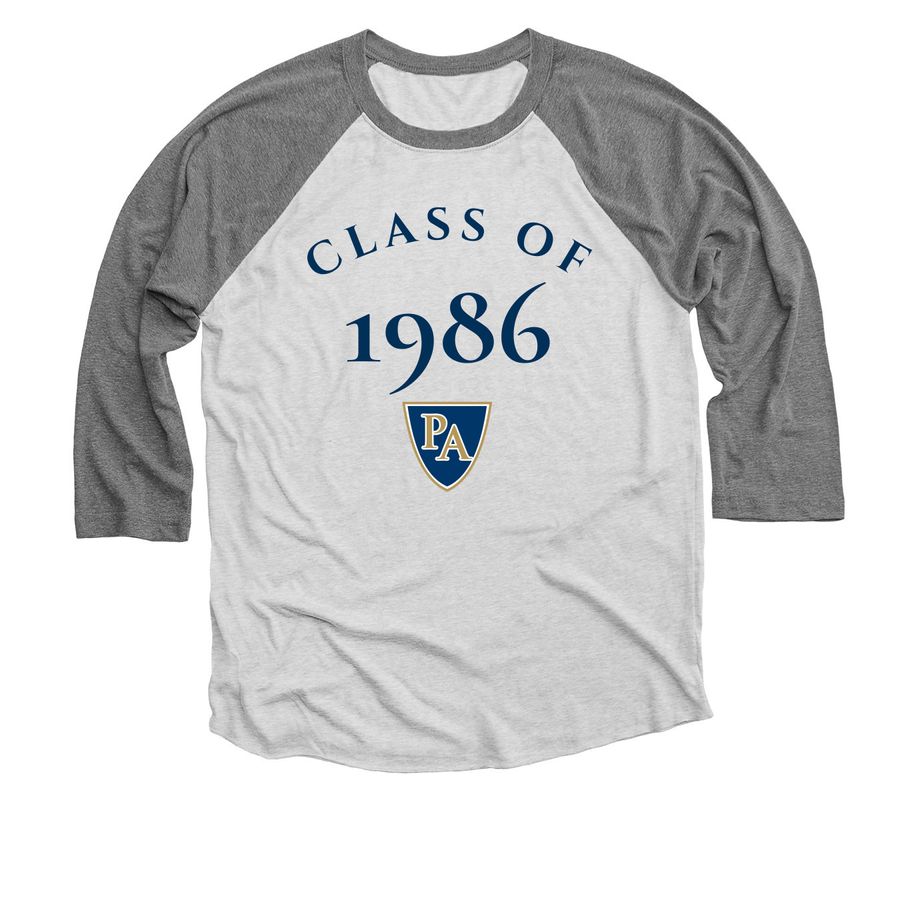 1986 CREST, a Premium Heather and Heather White 3/4 Sleeve Baseball Tee