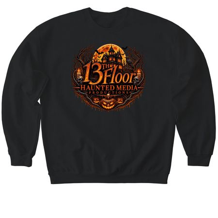 13th Floor Haunted Media Pumpkin Logo Design, a Black Softstyle Crewneck Sweatshirt