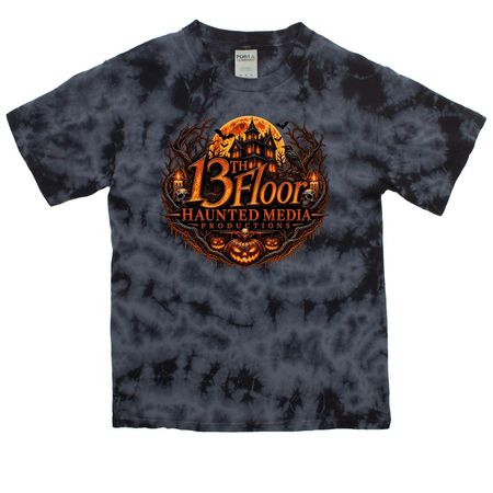 13th Floor Haunted Media Pumpkin Logo Design, a Black Youth Crystal Tie Dye Tee