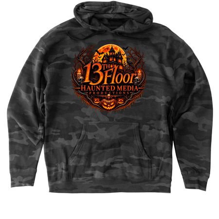 13th Floor Haunted Media Pumpkin Logo Design, a Black Camo Heavyweight Camo Pullover Hoodie