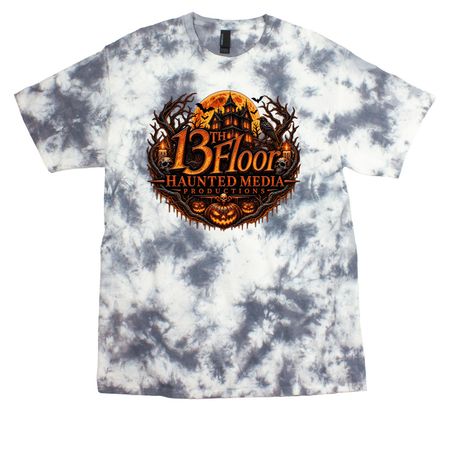 13th Floor Haunted Media Pumpkin Logo Design, a Grey Crystal Tie Dye Tee