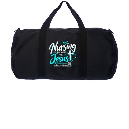 Nursing in The Name of Jesus - Duffel Bag&nbsp;, a Black Day Tripper Duffel Bag (back-view)