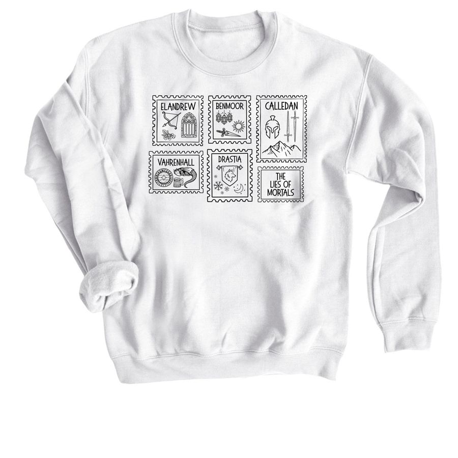 Court Stamps (light color options), a White Crewneck Sweatshirt