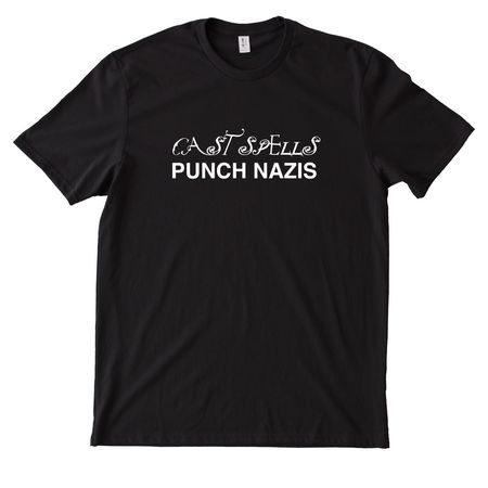 Cast Spells Punch Nazis, a Deep Black Allmade Heavyweight Recycled Cotton Tee
