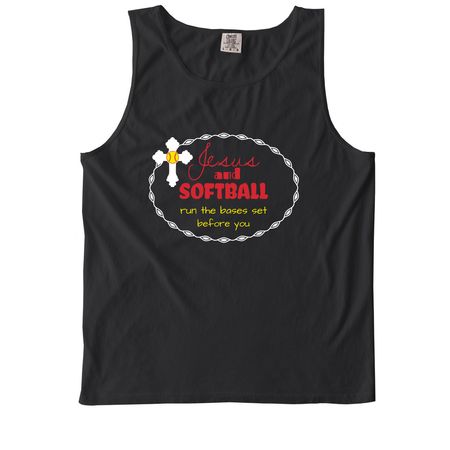 Softball and Jesus, a Black Comfort Colors Tank Top
