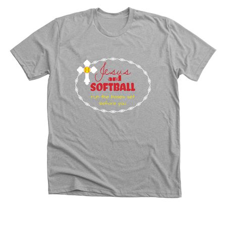 Softball and Jesus, a Athletic Heather Premium Unisex Tee