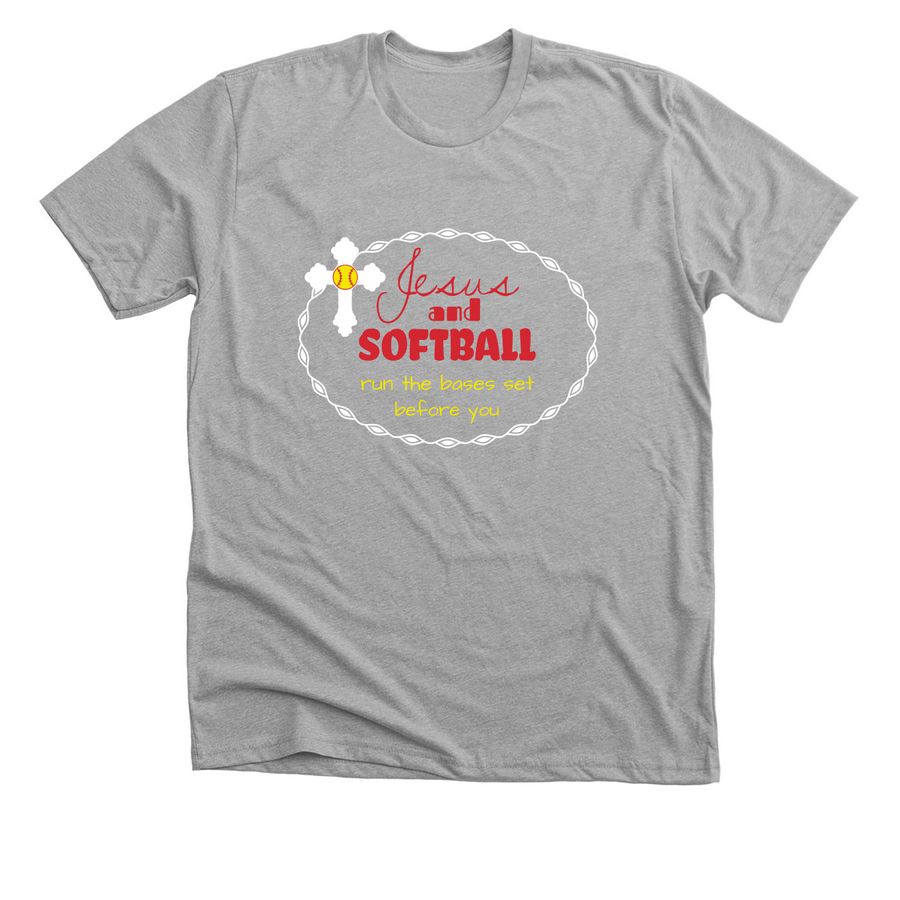 Softball and Jesus, a Athletic Heather Premium Unisex Tee