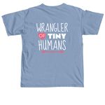 Wrangling Tiny Humans, a Washed Denim Comfort Colors Unisex Tee (back-view)
