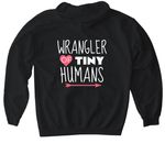 Wrangling Tiny Humans, a Black Gildan Softstyle Pullover Hoodie (back-view)