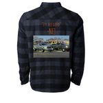 NEJ?, a Charcoal Heather/ Black Unisex Flannel Shirt (back-view)