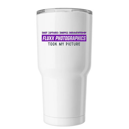 Shot by Fluxx Tumbler, a White Insulated Tumbler (back-view)