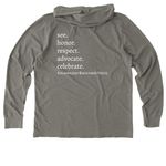 Support a Dedicated Kalamazoo Member in Need, a Driftwood Grey Allmade Organic Cotton Mineral Dye Hoodie Tee (back-view)