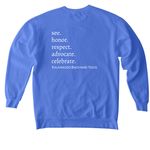 Support a Dedicated Kalamazoo Member in Need, a Flo Blue Comfort Colors Crewneck Sweatshirt (back-view)