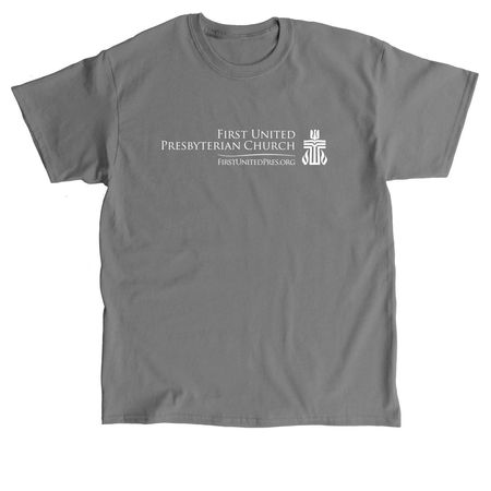 FUPC Pride Welcome design on the back, a Charcoal Classic Unisex Tee
