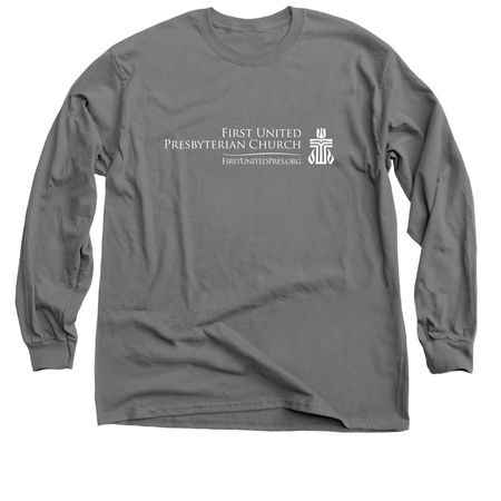 FUPC Pride Welcome design on the back, a Charcoal Classic Long Sleeve Tee