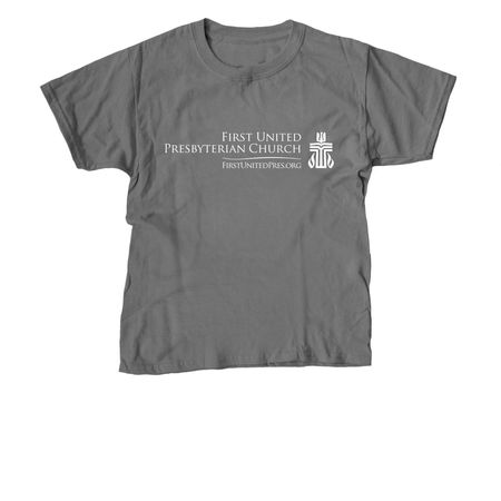 FUPC Pride Welcome design on the back, a Charcoal Youth Unisex Tee