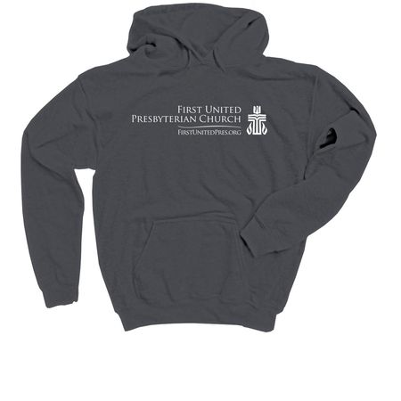 FUPC Pride Welcome design on the back, a Charcoal Youth Pullover Hoodie