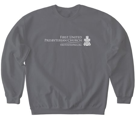 FUPC Pride Welcome design on the back, a Charcoal Softstyle Crewneck Sweatshirt