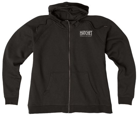 Hatchet on Front, Hatchet Logo on Back, a Deep Black Allmade Women?s Organic CVC Zip-Up Hoodie