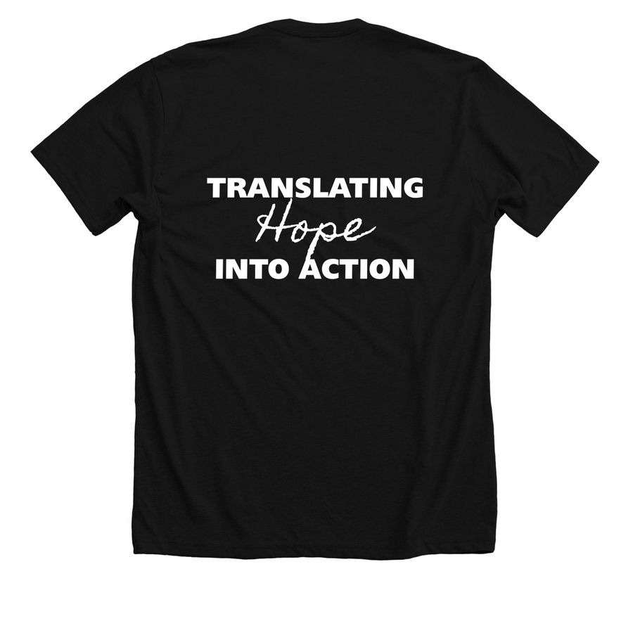 Translating Hope into Action, a Solid Black Blend Premium Unisex Tee (back-view)