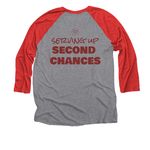 Serving up second chances, a Red and Premium Heather 3/4 Sleeve Baseball Tee (back-view)