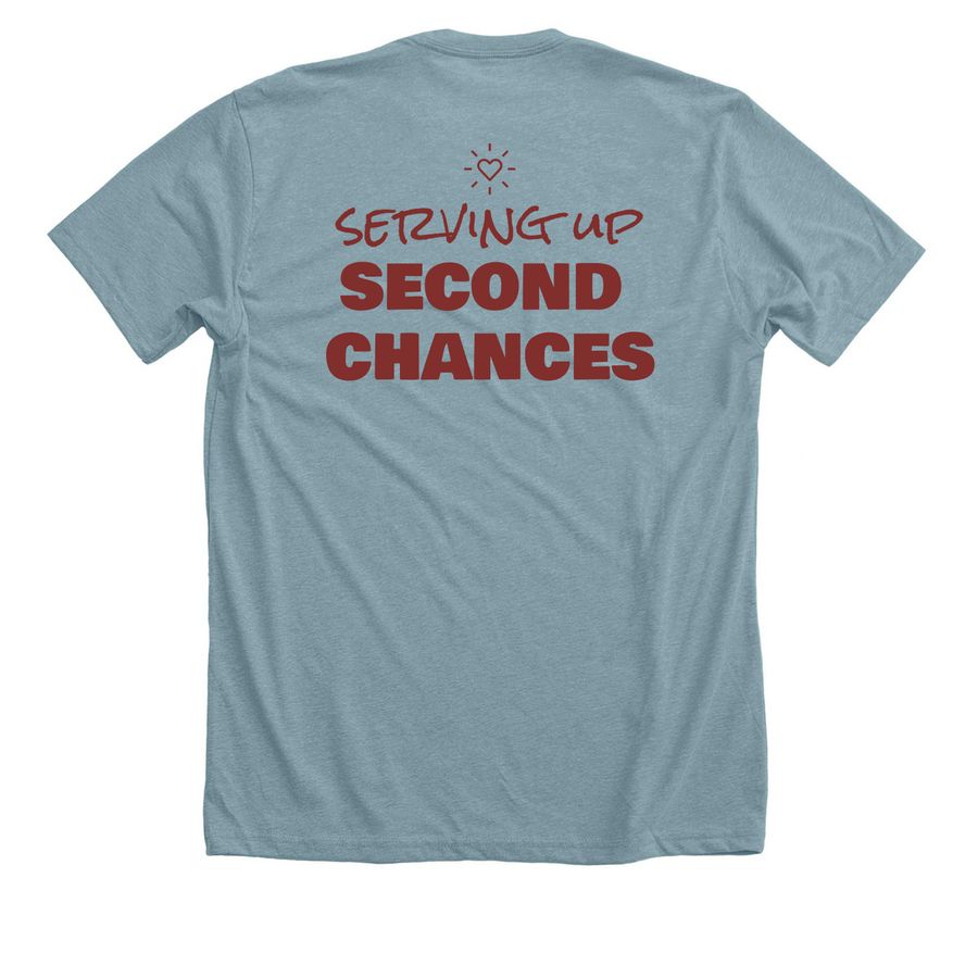 Serving up second chances, a Heather Blue Lagoon Premium Unisex Tee (back-view)