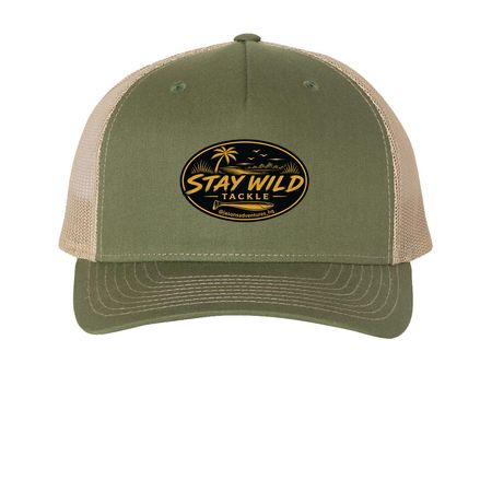 Stay Wild Tackle Hat FL Outfitter, a Army Olive Green/ Tan Printed Five-Panel Trucker Cap