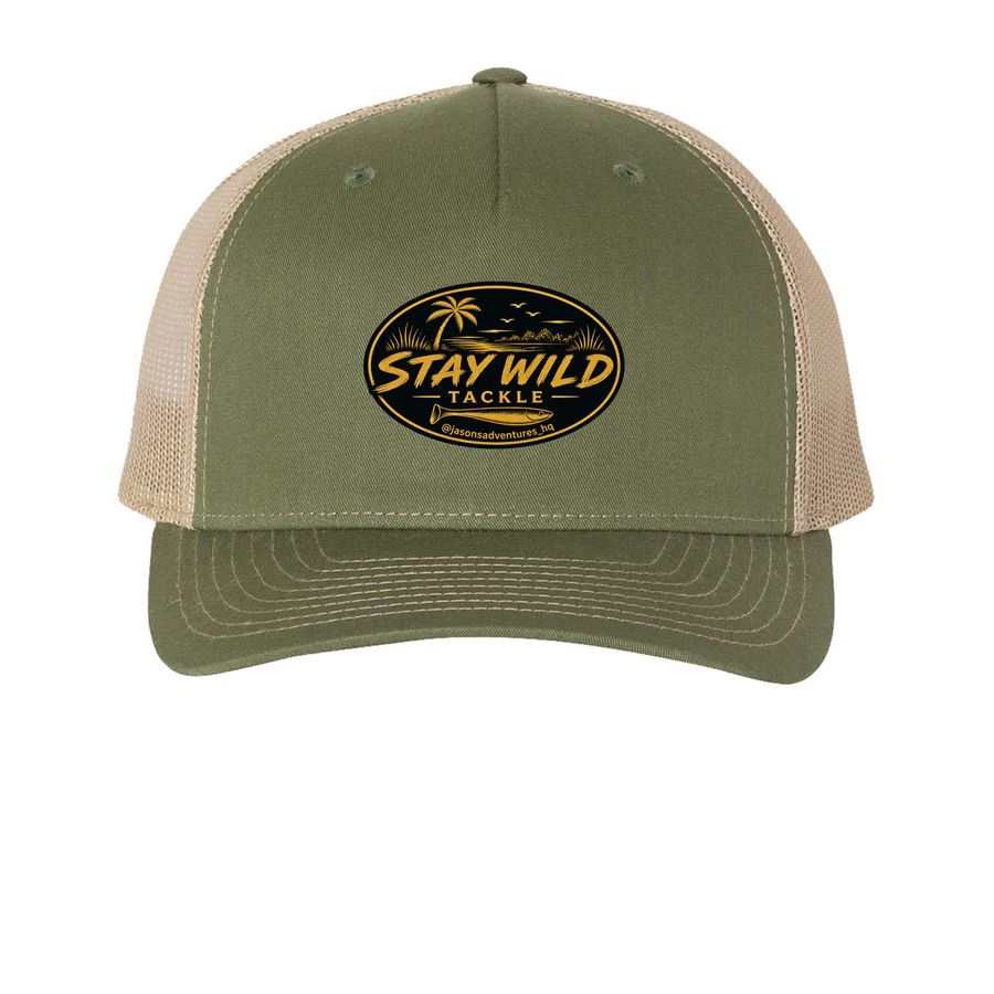 Stay Wild Tackle Hat FL Outfitter, a Army Olive Green/ Tan Printed Five-Panel Trucker Cap