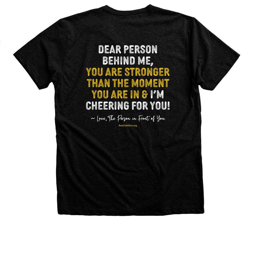 REAL TALK: Person Behind Me, Be Kind, a Black Heather Premium Unisex Tee (back-view)