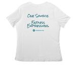 One Source. Endless Expressions., a White Women's Relaxed V-Neck Tee (back-view)