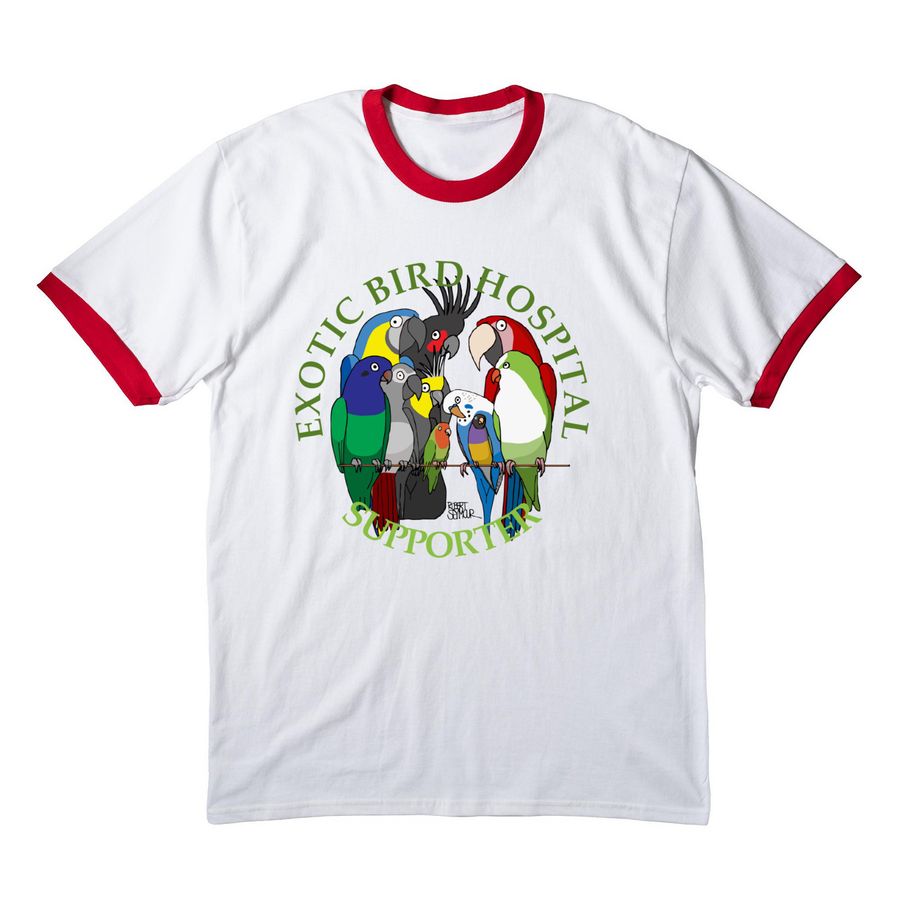 HELP EXOTIC BIRD HOSPITAL HELP FOUND BIRDS!, a White/ Red Cotton Ringer Tee
