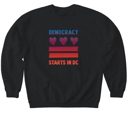 Democracy Starts in DC, a Black Softstyle Crewneck Sweatshirt