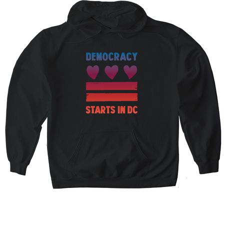 Democracy Starts in DC, a Black Gildan Softstyle Pullover Hoodie