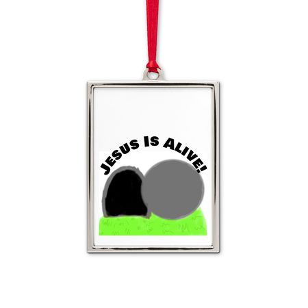 Jesus Is Alive Ornament, a White Silver Portrait Frame Ornament