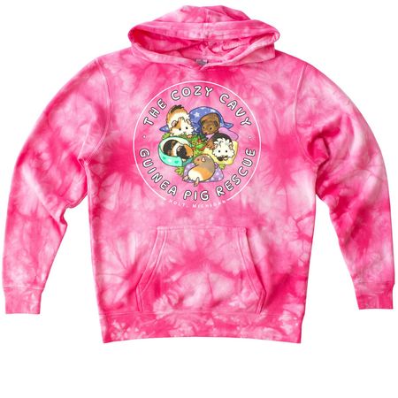 The Cozy Cavy Logo Merch, a Pink Youth Tie Dye Pullover Hoodie