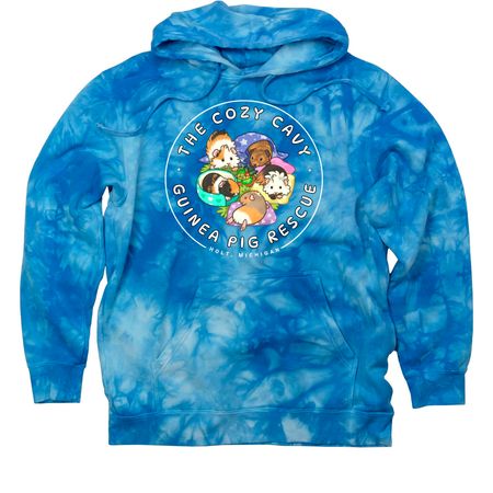 The Cozy Cavy Logo Merch, a Aqua Blue Tie Dye Pullover Hoodie