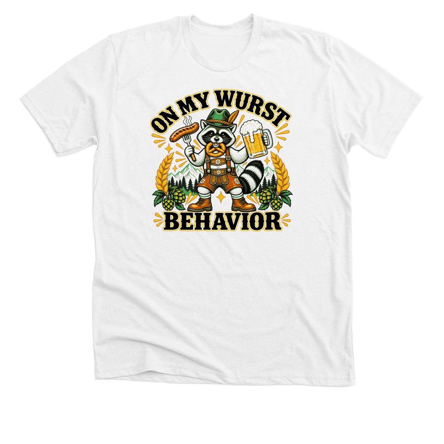 On My Wurst Behavior Raccoon Oktoberfest beer, a Solid White Blend Premium Unisex Tee