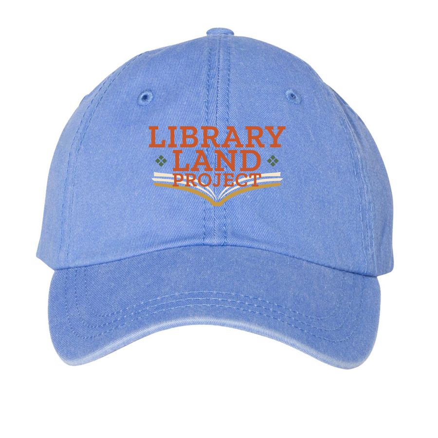 Library Land Project Cap, a Periwinkle Printed Pigment Dye Baseball Cap