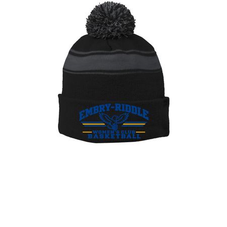 Winter Hats, a Black/ Iron Grey Printed Stripe Pom-Pom Beanie