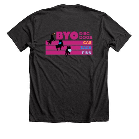 BYO (back with large front), a Dark Grey Heather Premium Unisex Tee (back-view)