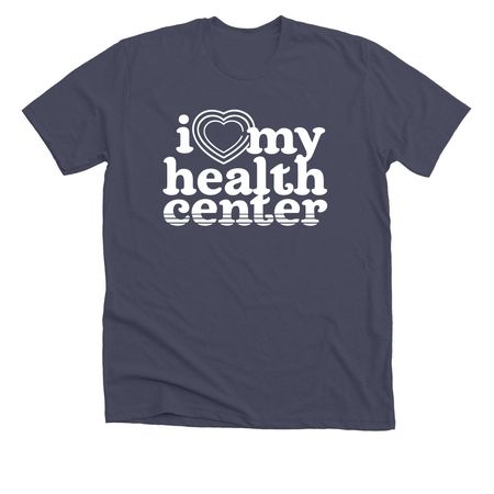 I Love My Health Center, a Heather Midnight Navy Premium Unisex Tee